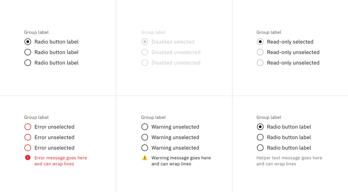 Examples of focus, disabled, read-only, error, and warning states